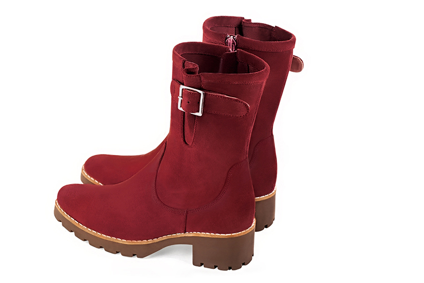 Burgundy red women's ankle boots with buckles on the sides. Round toe. Low rubber soles. Rear view - Florence KOOIJMAN